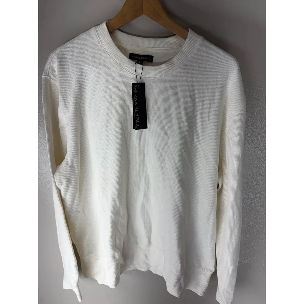 Banana Republic Mens Waffle Knit Thermal Crew Neck Long Sleeve Shirt Off White L